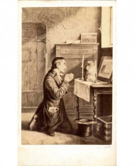 Peinture: Detouche.homme à genoux devant sac d\'or